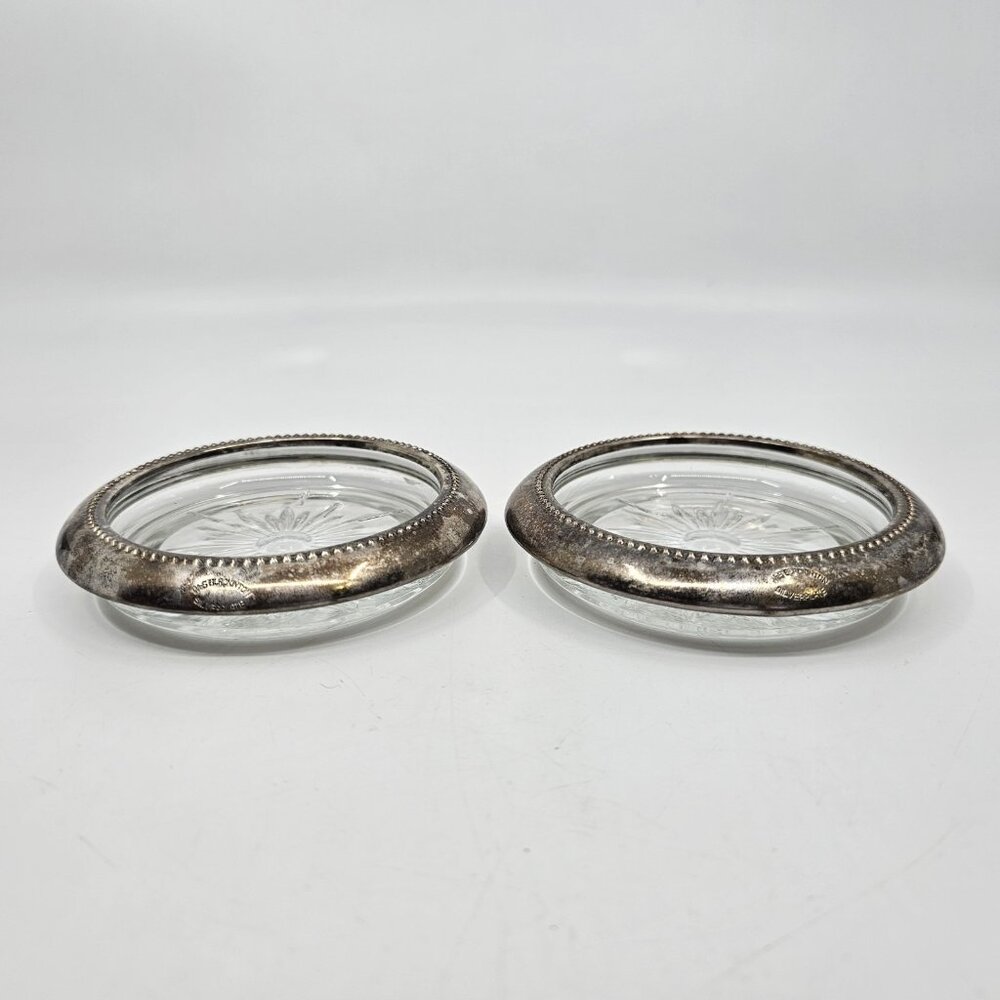 Vintage W&S Blackinton Ashtray Coaster Dishes Set of 2 Silver Plated Crystal VTG